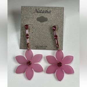 NWT New Natasha Crystal Rhinestone Earrings Pink Flower Fun Long